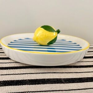 Striped Blue and White Trinket or serving dish with Lemon Accent